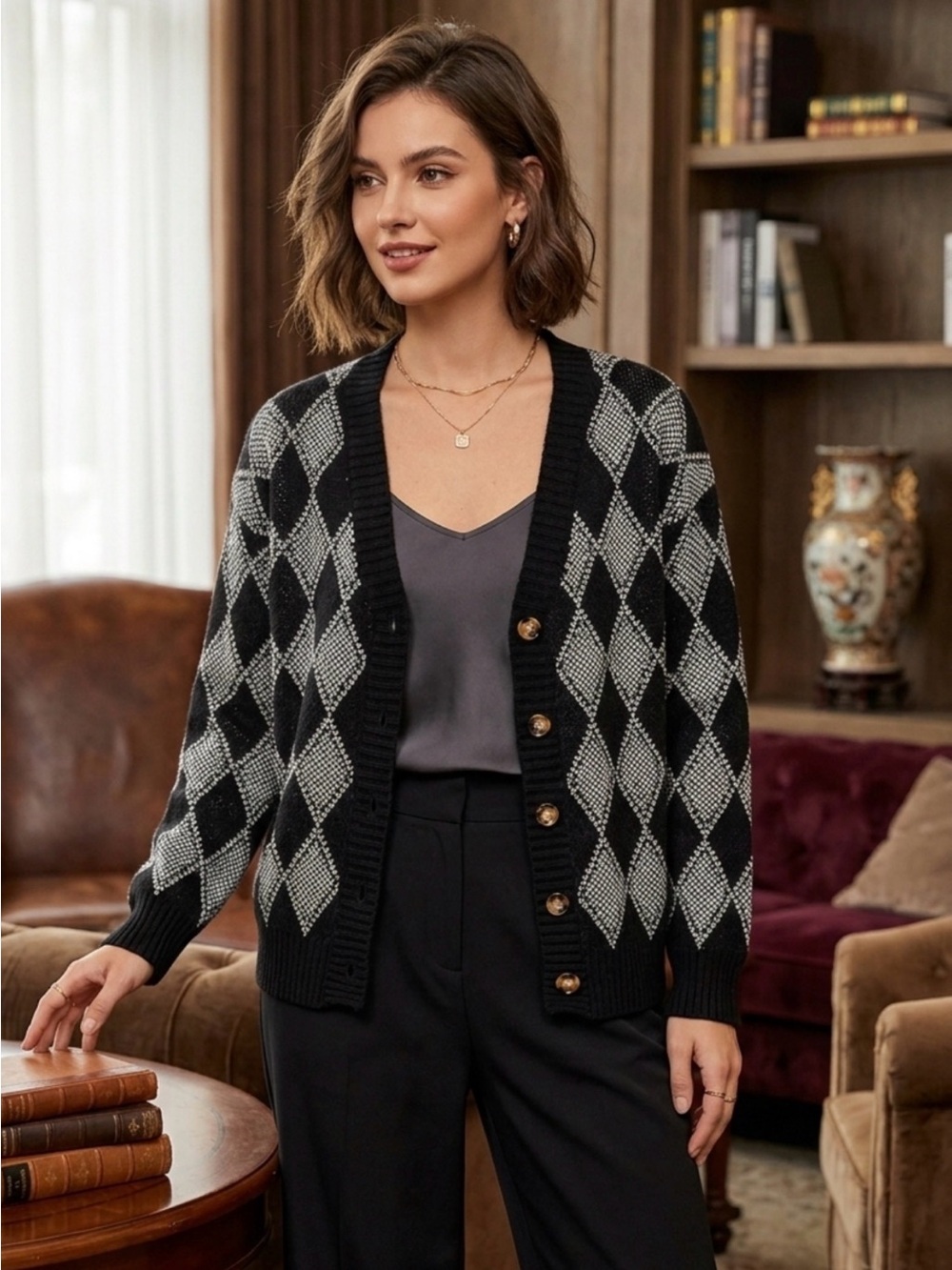 Zaful Black & Gray Argyle Button-Front Cardigan